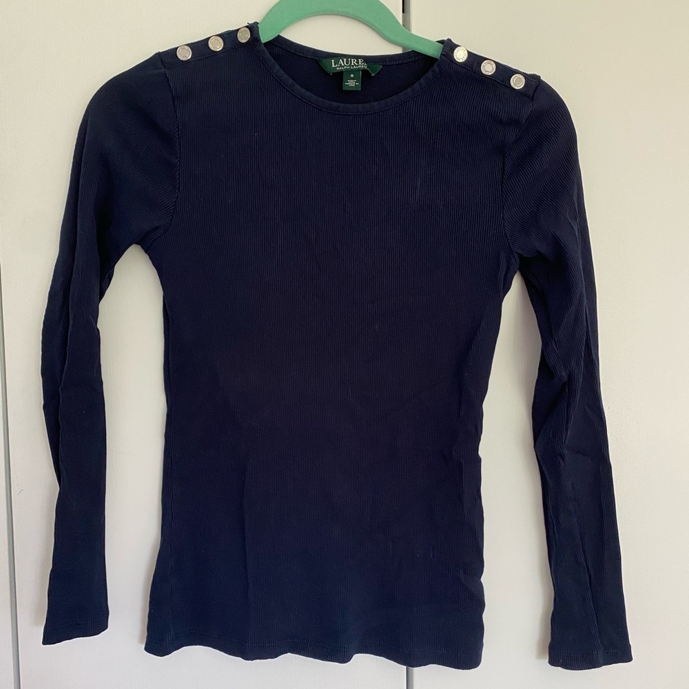 Ralph Lauren Navy Ribbed Button Long Sleeve Top